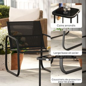 Outsunny Set bistro de grădină 3 piese cu 2 scaune din plasă și masă de cafea din sticlă securizată, negru | Aosom Romania