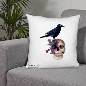 Perna Decorativa Craniu cu Corb si Flori Gothic, 40x40 cm, Alb Pufos, Husa Detasabila, Perna Inclusa, BEKZ®