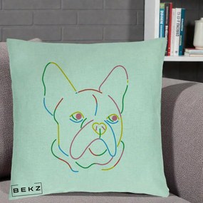Perna Decorativa Bulldog Francez Line Art Curcubeu, 40x40 cm, Verde Menta, Husa Detasabila, Perna Inclusa, BEKZ®