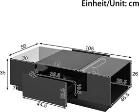 Masă de cafea cu spațiu de depozitare, iluminare ambientală LED, blat din sticlă și 2 sertare, 105x50x35 cm, Negru