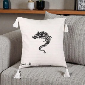 Perna Decorativa Lup Tribal Alb-Negru, 40x40 cm, Bej cu Franjuri, Husa Detasabila, Perna Inclusa, BEKZ®