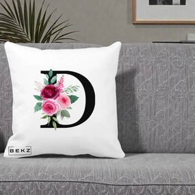 Cadou Personalizat - Perna Personalizata Monograma Florala Litera D, 40x40 cm, Alba Mata, Husa Detasabila, Perna Inclusa, BEKZ®