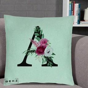 Cadou Personalizat - Perna Personalizata Monograma Florala Litera A, 40x40 cm, Verde Menta, Husa Detasabila, Perna Inclusa, BEKZ®