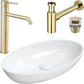 Pachet lavoar pe blat Omnires Siena M+ alb 60 cm, baterie lavoar Rea Lungo auriu si ventil lavoar Click-Clack auriu