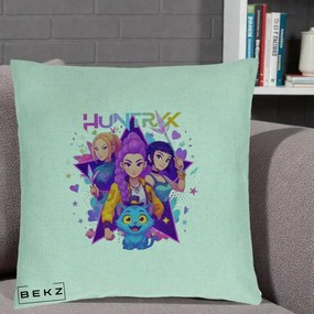 Perna Personalizata K-pop HUNTRX Trio cu Pisica Stele, 40x40 cm, Verde Menta, Husa Detasabila, Perna Inclusa, BEKZ®