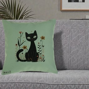 Perna Decorativa Pisica Neagra Flori Pastel Folk, 40x40 cm, Verde, Husa Detasabila, Perna Inclusa, BEKZ®
