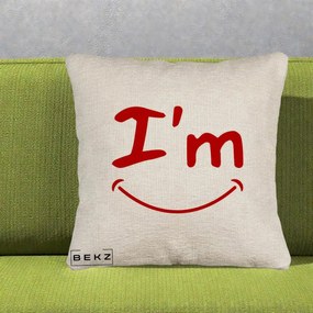Perna Decorativa I'm Happy Smile, 40x40 cm, Bej Canapea, Husa Detasabila, Perna Inclusa, BEKZ®