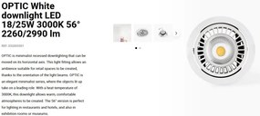 Spot LED incastrabil OPTIC White downlight LED 18/25W 3000K 56° 2260/2990 lm