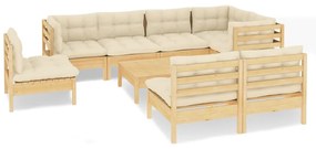 Set mobilier gradina cu perne crem, 9 piese, lemn masiv de pin maro si crem, 1
