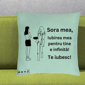 Cadou pentru Sora - Perna Personalizata Sora Mea Te Iubesc Fete Elegante cu Cadou, 40x40 cm, Verde Menta, Husa Detasabila, Perna Inclusa, BEKZ®
