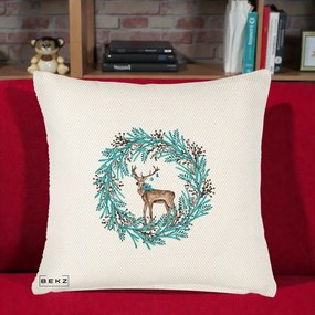 Perna Decorativa Coroana Turcoaz cu Ren, 40x40 cm, Crem Reliefat, Husa Detasabila, Perna Inclusa, BEKZ®