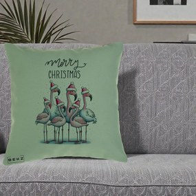 Perna Decorativa Flamingo Merry Christmas, 40x40 cm, Verde, Husa Detasabila, Perna Inclusa, BEKZ®
