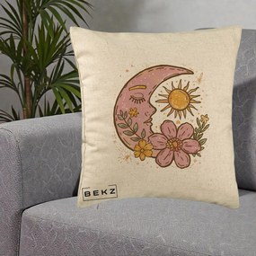 Perna Personalizata Luna si Soare Floral Boho, 40x40 cm, Bej, Husa Detasabila, Perna Inclusa, BEKZ®