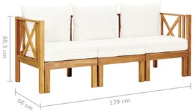 Banca gradina cu 3 locuri  perne, 179 cm, lemn masiv acacia 1, Crem, 179 cm, Crem