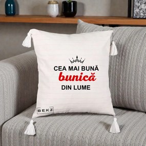Cadou pentru Bunica - Perna Personalizata Cea Mai Buna Bunica Din Lume Coroana Neagra, 40x40 cm, Bej cu Franjuri, Husa Detasabila, Perna Inclusa, BEKZ®
