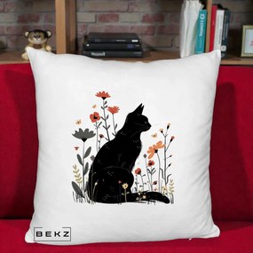 Perna Decorativa Pisica Neagra Profil Flori Portocalii, 40x40 cm, Alb Pufos, Husa Detasabila, Perna Inclusa, BEKZ®