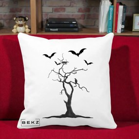 Perna Decorativa Halloween Copac cu Lilieci Alb-Negru, 40x40 cm, Alba Mata, Husa Detasabila, Perna Inclusa, BEKZ®