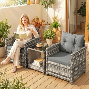 Outsunny Set mobilier exterior 3 piese din rășină împletită, masă și 2 fotolii cu perne, 62x65x75 cm, Gri deschis | Aosom Romania