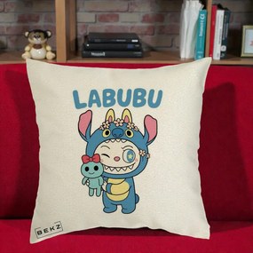 Perna Personalizata Labubu x Stitch cu Flori, 40x40 cm, Ecru, Husa Detasabila, Perna Inclusa, BEKZ®