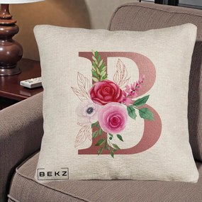 Cadou Personalizat - Perna Personalizata Monograma Rose Gold Litera B, 40x40 cm, Bej Canapea, Husa Detasabila, Perna Inclusa, BEKZ®