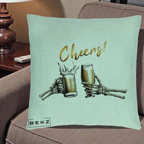 Perna Decorativa Halloween Cheers Schelete cu Bere, 40x40 cm, Verde Menta, Husa Detasabila, Perna Inclusa, BEKZ®