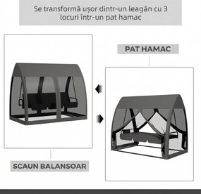 Outsunny Balansoar de Grădină 2-în-1 Convertibil în Pat cu Perne, Balansoar cu Husă și Plasă de Țânțari cu Fermoar, 240x140x197 cm, Gri | Aosom Romania