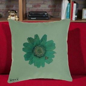 Perna Decorativa Floare Gerbera Teal Acuarela, 40x40 cm, Verde, Husa Detasabila, Perna Inclusa, BEKZ®