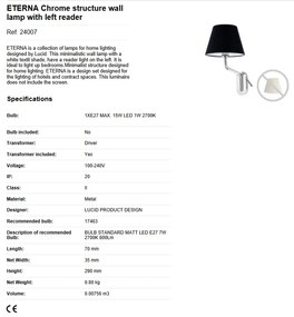 Aplica cu reader LED pe stanga design elegant ETERNA crom/alb