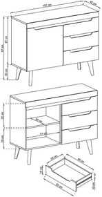 Comodă ~Dolomites~ o usa, 3 sertare, culoare alb-stejar, fronturi MDF, 107 cm lungime