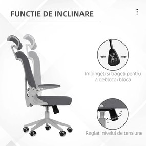 Vinsetto Scaun Ergonomic de Birou Reglabil cu Tetiera Suport Lombar Cotiere Rabatabile Gri/Negru 65x64x120-130cm | Aosom Romania