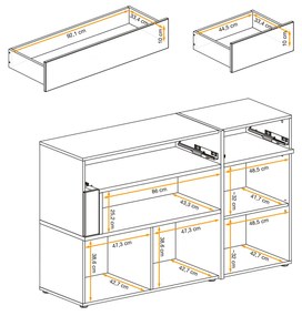 Comoda 150cm lungime x 90x 40 cm , 2 sertare 2 usi,  alb lucios alb stejar inchis , deschidere sertar si usi push open prin apasare, led , pentru