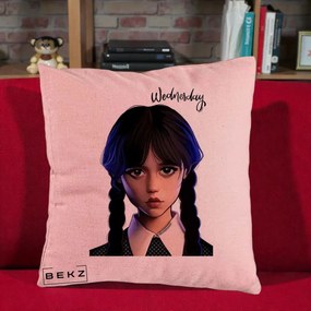 Perna Personalizata Wednesday Addams Portret Realist, 40x40 cm, Roz, Husa Detasabila, Perna Inclusa, BEKZ®