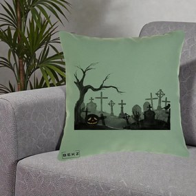Perna Decorativa Halloween Cimitir Acuarela cu Dovleac, 40x40 cm, Verde, Husa Detasabila, Perna Inclusa, BEKZ®