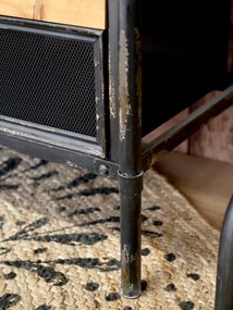 Pantofar metalic vintage, negru, în stil industrial, cu 11 sertare rabatabile, blat din lemn și port-etichete, 86,5 x 107 x 34 cm, „Factory”