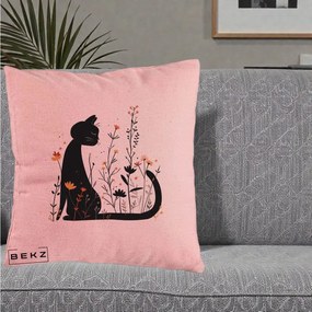 Perna Decorativa Pisica Neagra Flori Portocalii Silueta, 40x40 cm, Roz, Husa Detasabila, Perna Inclusa, BEKZ®