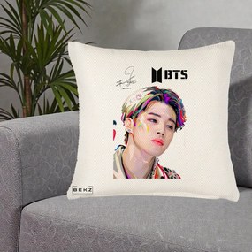 Perna Personalizata K-pop BTS Jimin Portret Artistic Multicolor cu Autograf, 40x40 cm, Crem Reliefat, Husa Detasabila, Perna Inclusa, BEKZ®