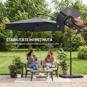 Outsunny Umbrelă de Grădină Offset 3x3 m, Umbrelă de Exterior cu Greutăți Reumplibile, Bază în Formă de Cruce, Sistem de Blocare, Manivelă, pentru Piscină Terasă, UV 30+, Gri Închis | Aosom Romania