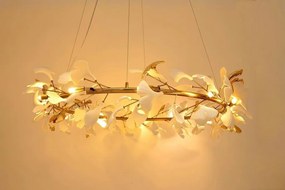 Lustra Suspendata, Metal Auriu, Petale Flori Albe Ceramice, FLORA 100