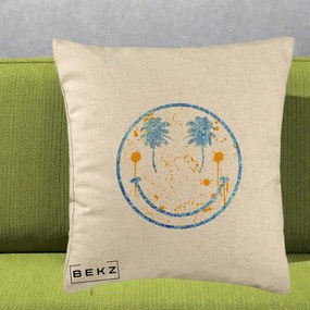 Perna Decorativa Smiley Face Tropical Albastru Glitter si Portocaliu, 40x40 cm, Bej, Husa Detasabila, Perna Inclusa, BEKZ®
