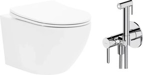 Pachet vas wc suspendat Rea Carlo Mini Basic, capac softclose si set dus igiena intima crom cu baterie incastrata Omnires Y