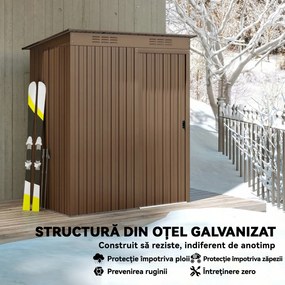Outsunny Căsuță de Grădină 1.37m² din Metal, Montaj Ușor, Căsuță pentru Unelte de Grădină cu Orificii de Aerisire, Ușă Glisantă, Acoperiș Înclinat și Mănuși, 159x106x181 cm, Maro | Aosom Romania