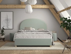 Set MOON: pat tapițat 90 x 200 cm verde cu țesătură bouclé și spațiu de depozitare + taburet verde multifuncțional – Vipack