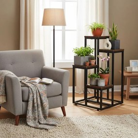 Suport pentru flori Loft - 4 rafturi, oțel negru și decor din lemn