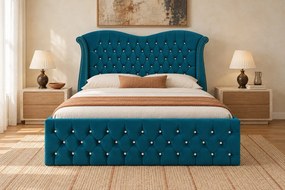 Pat tapițat Chesterfield Avella 160×200 cm, turcoaz, cu ladă de depozitare