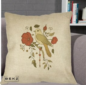 Perna Decorativa Pasare pe Ramura cu Maci, 40x40 cm, Crem, Husa Detasabila, Perna Inclusa, BEKZ®