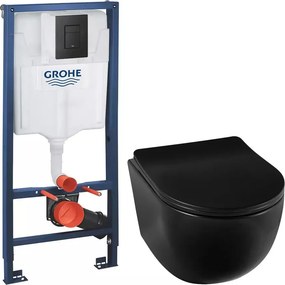 Pachet vas wc suspendat rimless Balneo Luna, capac softclose, rezervor Grohe Rapid SL si clapeta Grohe Even negru mat
