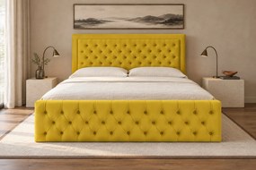 Pat tapițat Chesterfield din catifea Ophelia Deluxe 200×200 cm, galben muștar, cu ladă de depozitare