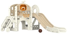 AIYAPLAY Loc de joacă pentru copii, tobogan 7-în-1, loc de joacă interior cu depozitare și tunel de târâre, 186x153x111 cm, alb crem | Aosom Romania