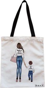 Sacosa de Panza pentru Cumparaturi, Geanta Tote, model Mother of a prince, Cu fermoar, 38x34.5 cm, Alba, BEKZ®