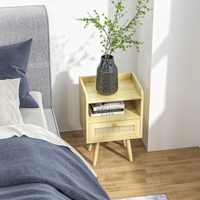 HOMCOM Set de 2 noptiere cu sertar efect răchită și spațiu deschis, 40 x 30 x 60 cm, efect lemn natural | Aosom Romania
